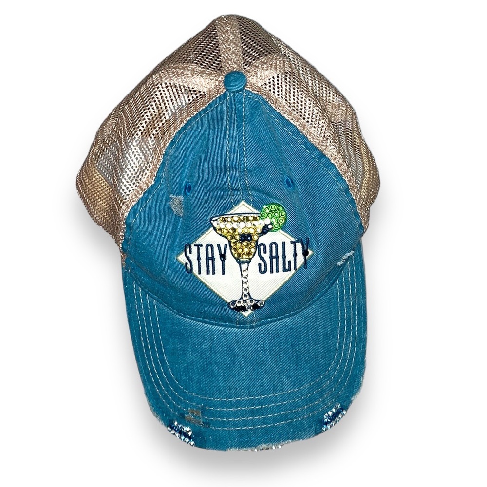 Stay Salty Mason Jar Label Distressed Blue Ball Cap Adult Adjustable Hat